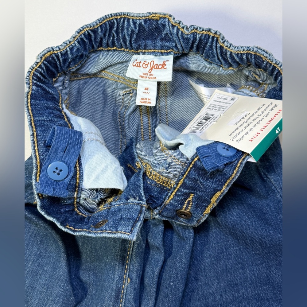 Cat & Jack Pants Wide Leg Denim Pleated Blue Jeans Adjustable Waist Girls 4T New - Picture 6 of 8